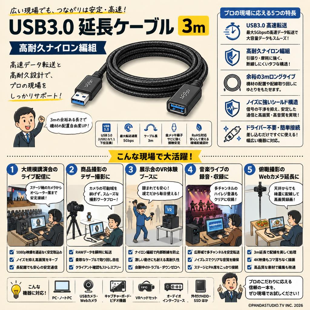 USB3.0 延長ケーブル 3m 高耐久ナイロン編組 用途
