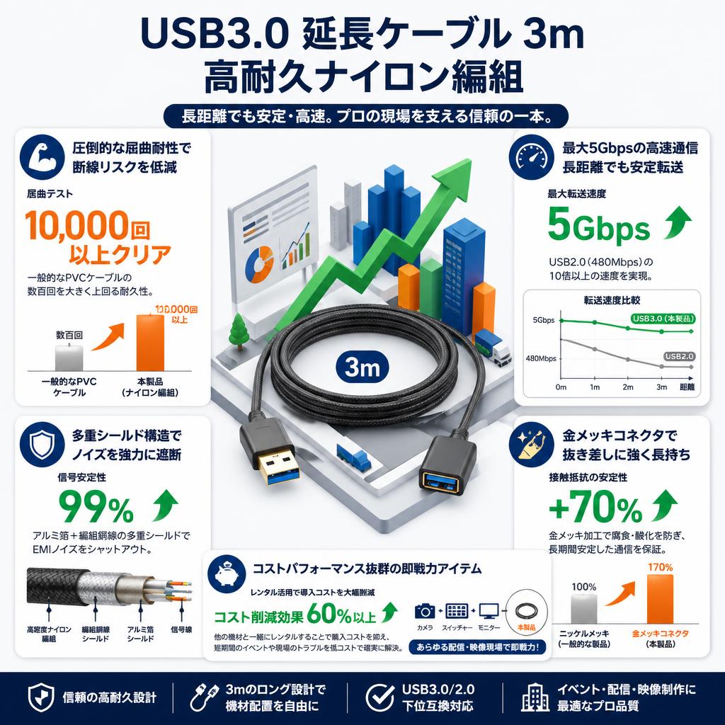 USB3.0 延長ケーブル 3m 高耐久ナイロン編組 セールスポイント