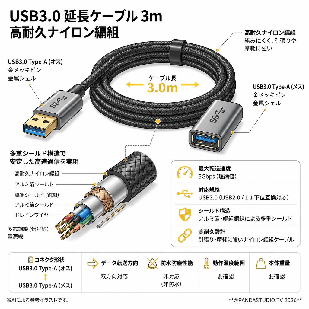 USB3.0 延長ケーブル 3m 高耐久ナイロン編組 スペック