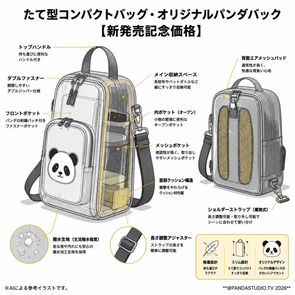たて型コンパクトバッグ・オリジナルパンダバック【新発売記念価格】 スペック