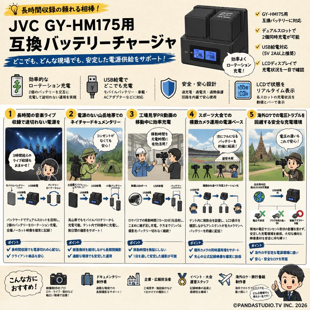 JVC GY-HM175用 互換バッテリーチャージャ 用途