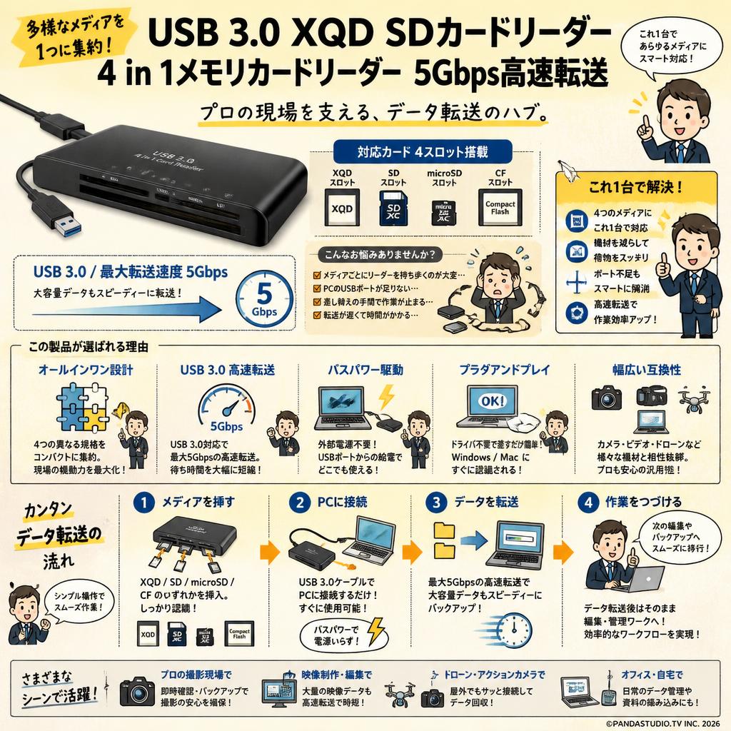 USB 3.0 XQD SDカードリーダー 4 in 1メモリカードリーダー 5Gbps高速転送 概要