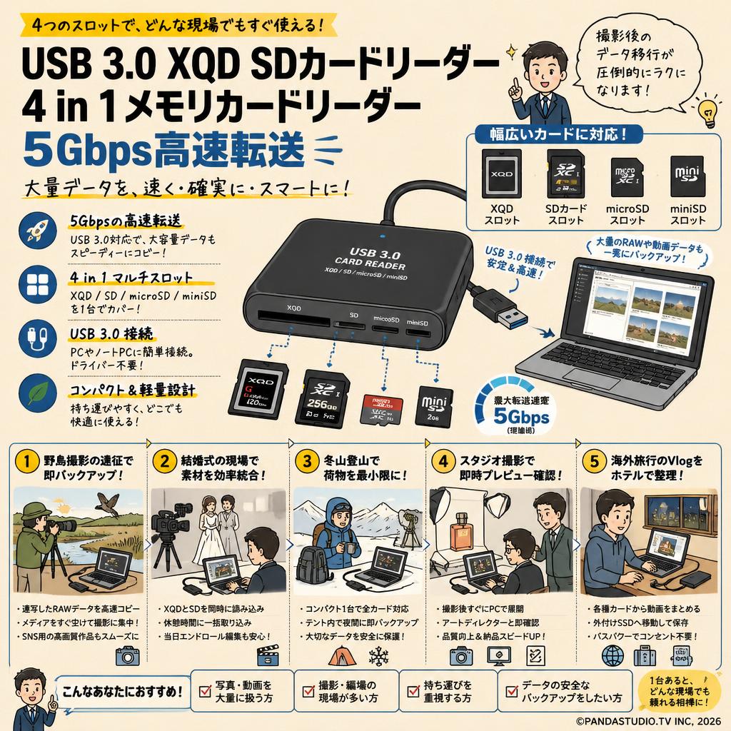 USB 3.0 XQD SDカードリーダー 4 in 1メモリカードリーダー 5Gbps高速転送 用途