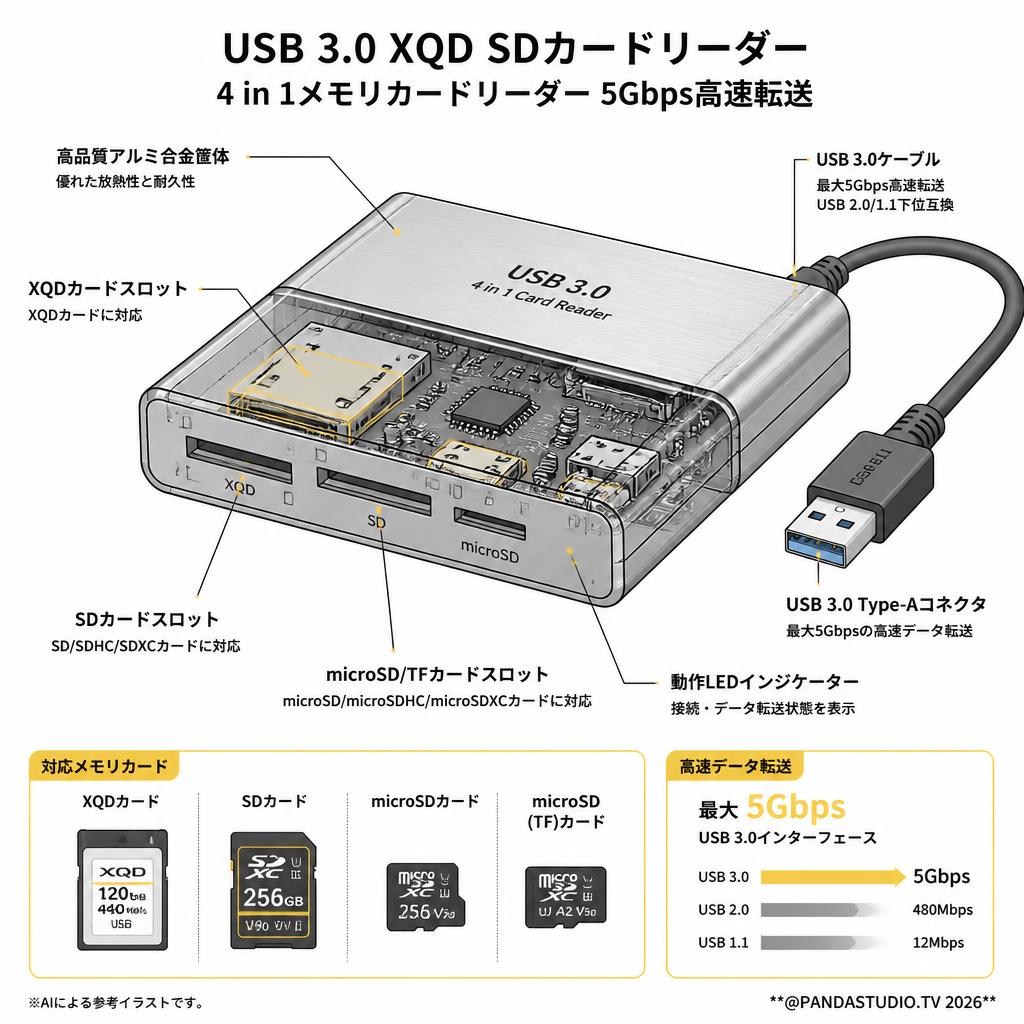 USB 3.0 XQD SDカードリーダー 4 in 1メモリカードリーダー 5Gbps高速転送 スペック