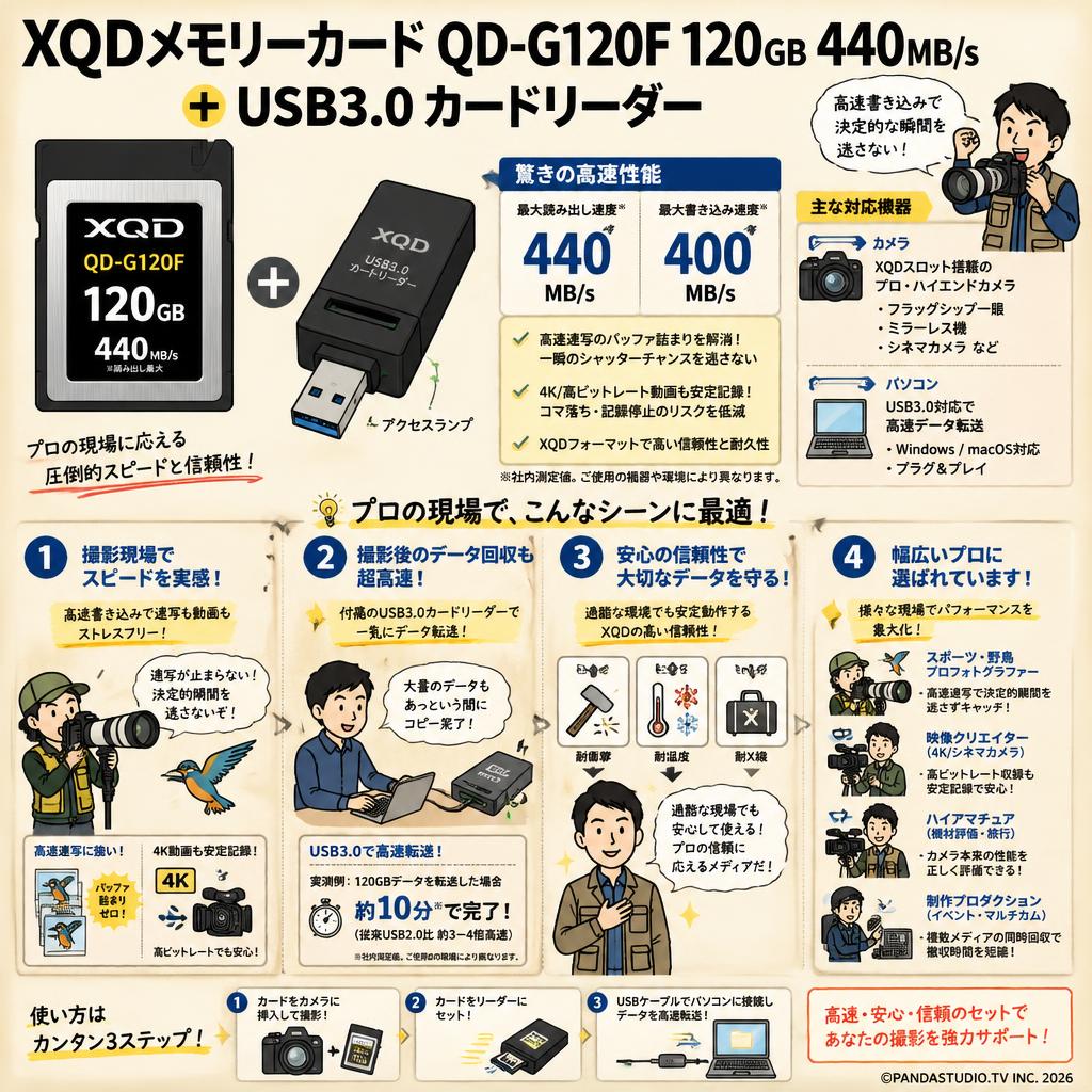 XQDメモリーカード QD-G120F 120GB 440MB/s　＋ USB3.0 カードリーダー おもな対象のお客様