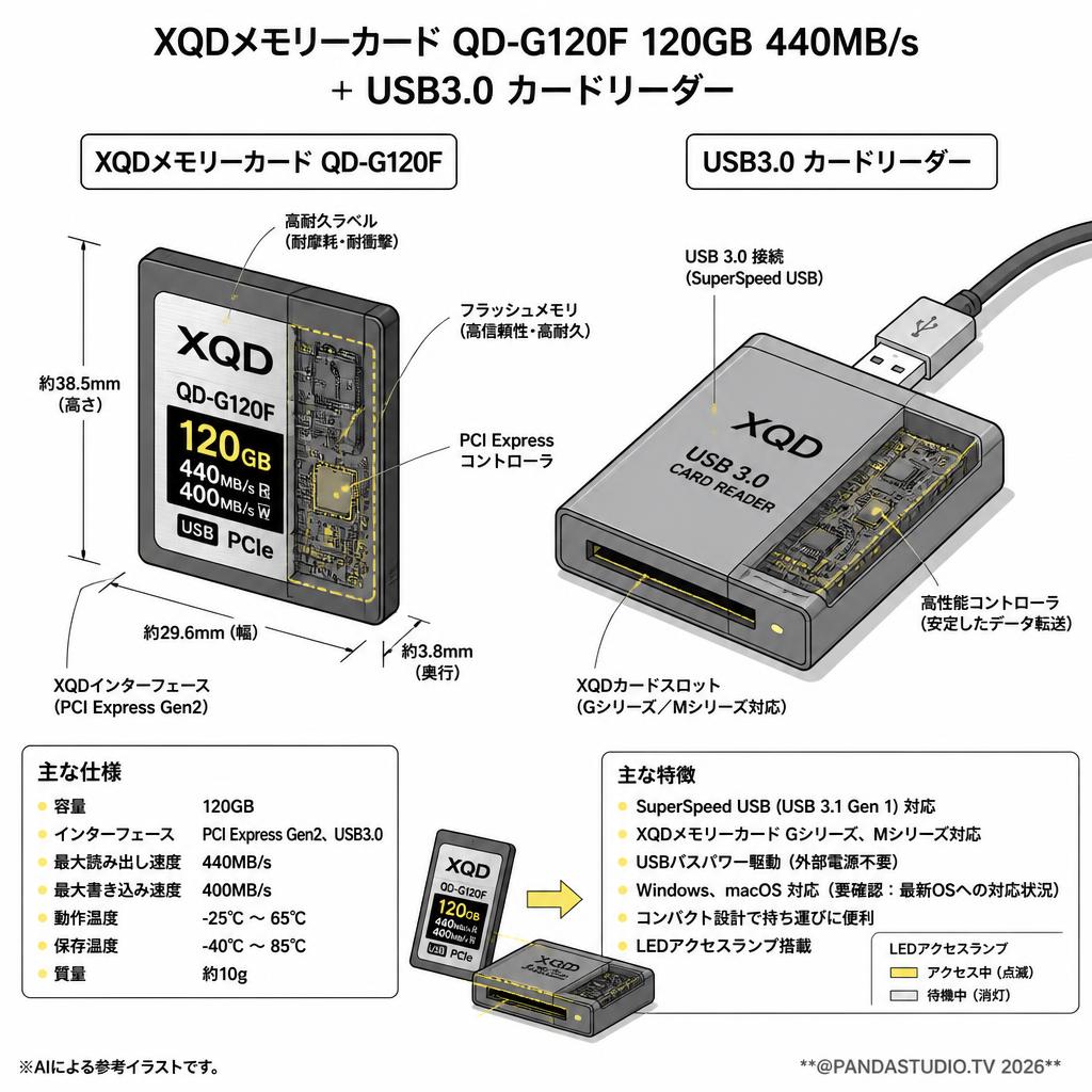 XQDメモリーカード QD-G120F 120GB 440MB/s　＋ USB3.0 カードリーダー スペック