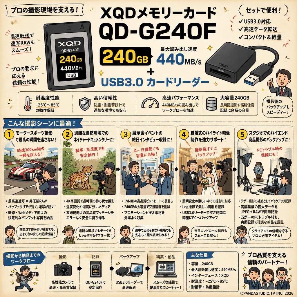 XQDメモリーカード QD-G240F 240GB 440MB/s ＋ USB3.0 カードリーダー 用途