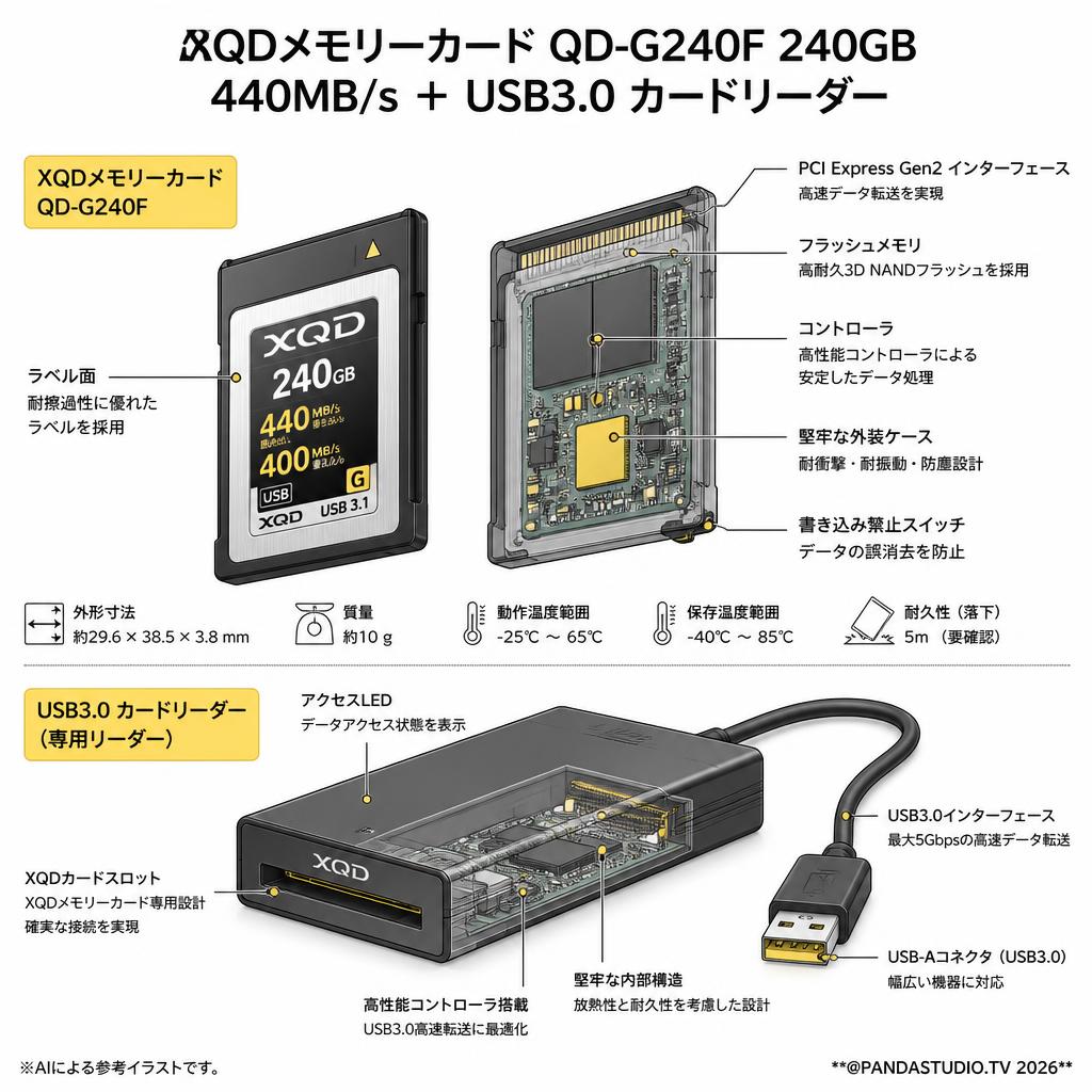 XQDメモリーカード QD-G240F 240GB 440MB/s ＋ USB3.0 カードリーダー スペック