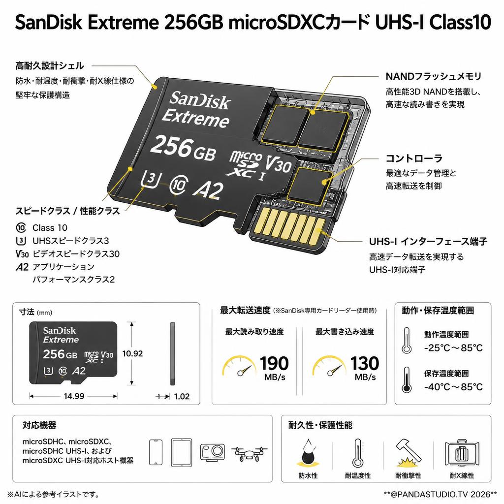 SanDisk Extreme 256GB microSDXCカード UHS-I Class10 スペック