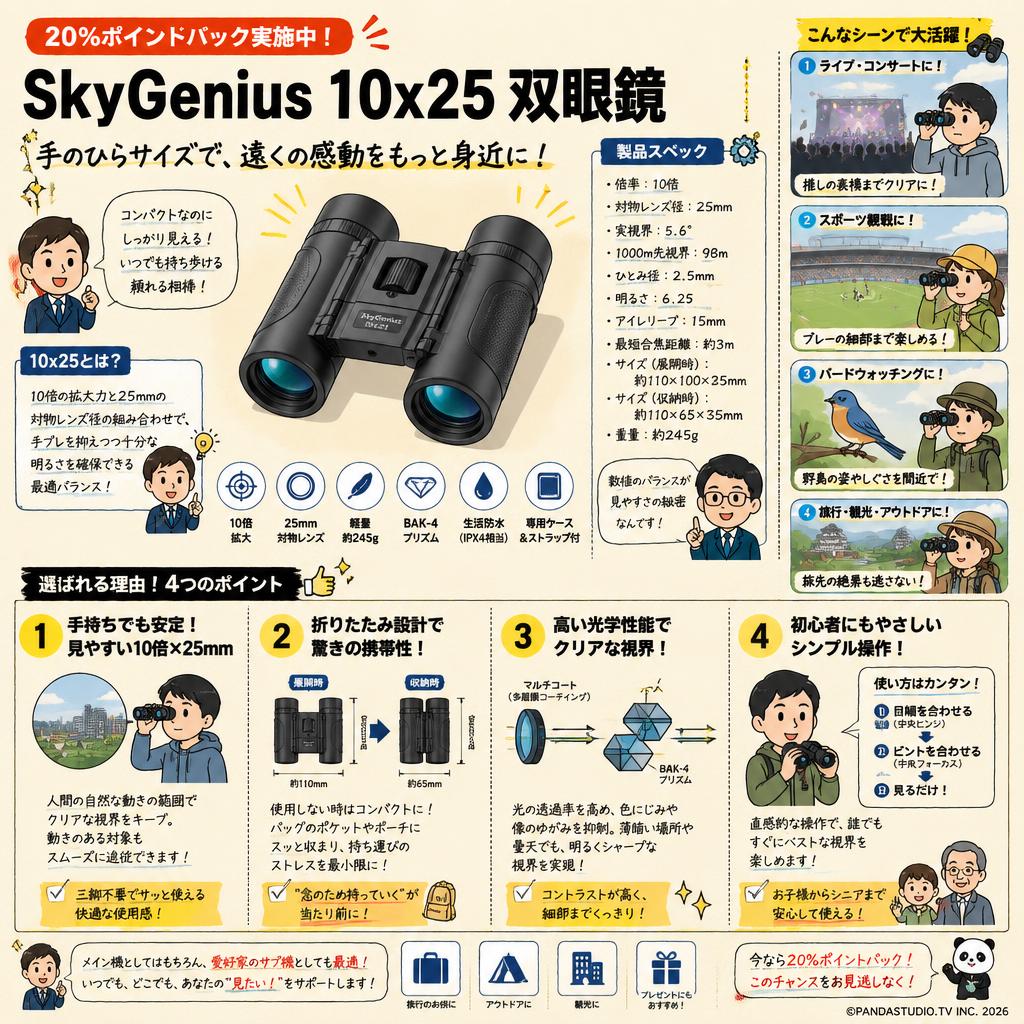 【20%ポイントバック実施中】SkyGenius 10x25 双眼鏡 概要