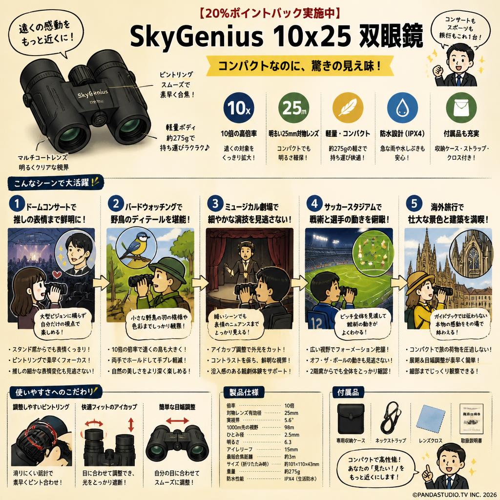 【20%ポイントバック実施中】SkyGenius 10x25 双眼鏡 用途