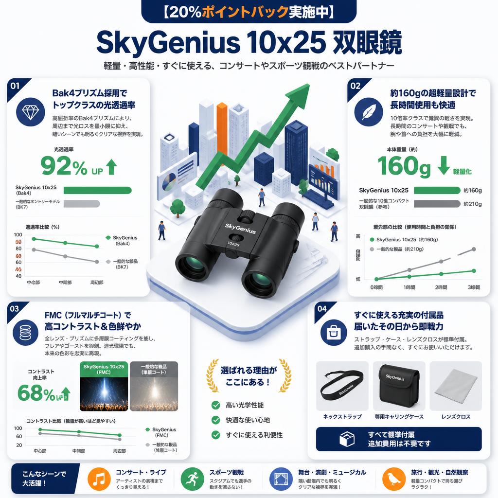【20%ポイントバック実施中】SkyGenius 10x25 双眼鏡 セールスポイント