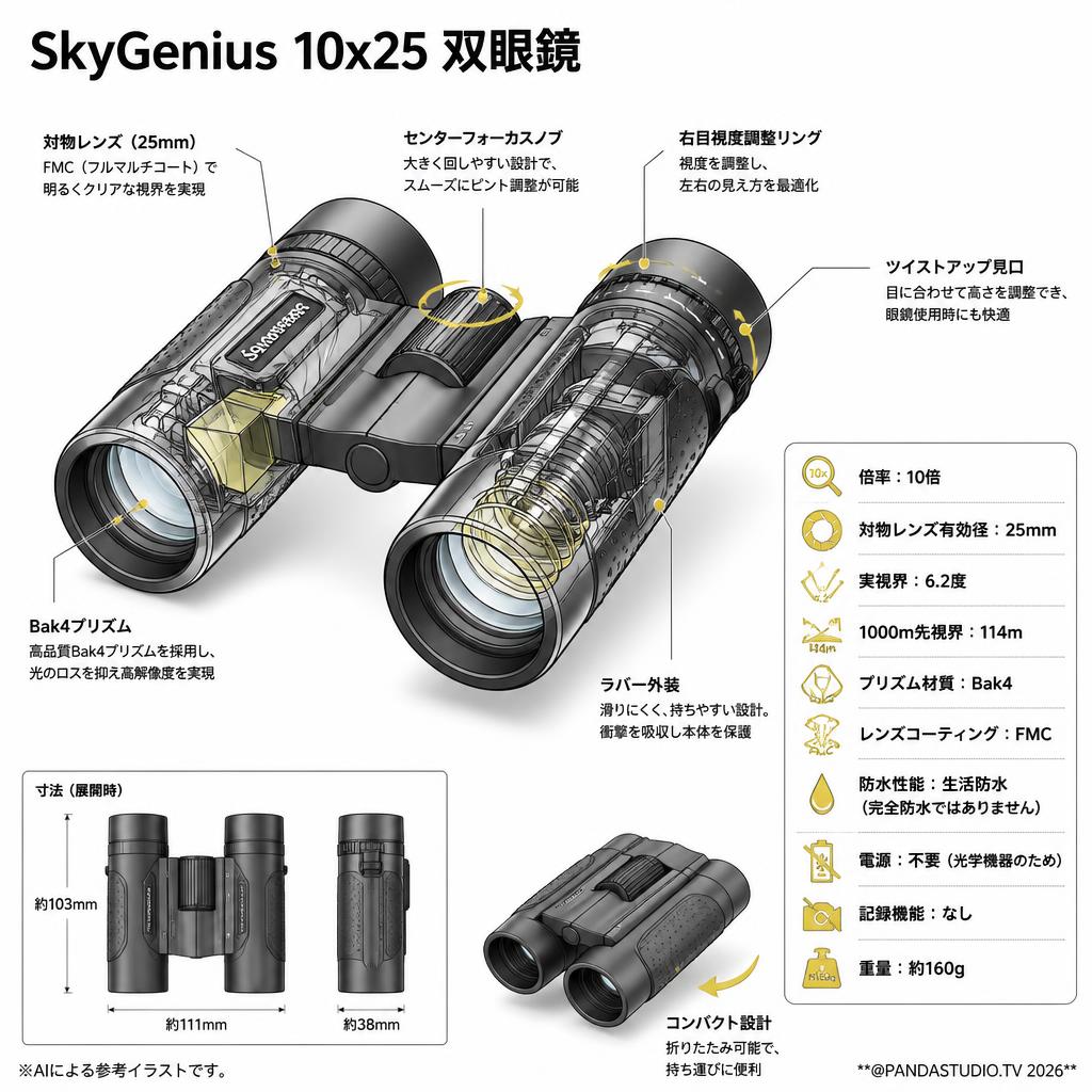 【20%ポイントバック実施中】SkyGenius 10x25 双眼鏡 スペック