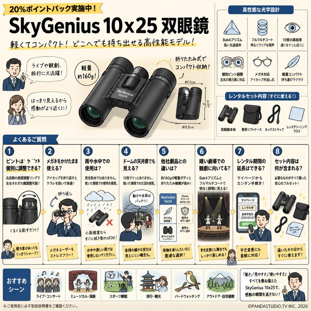【20%ポイントバック実施中】SkyGenius 10x25 双眼鏡 FAQ（よくある質問と答え）