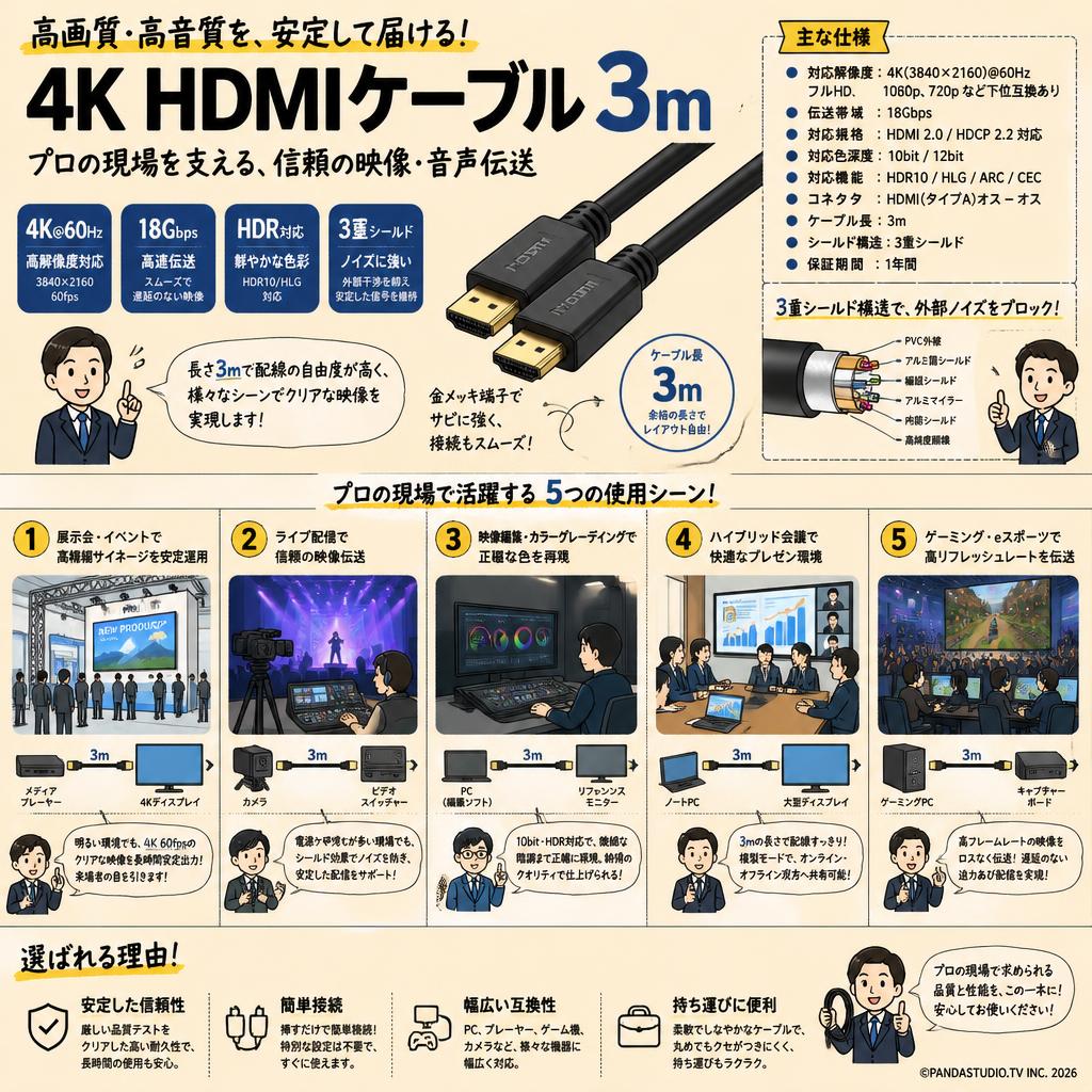 4k HDMI ケーブル 3m 用途