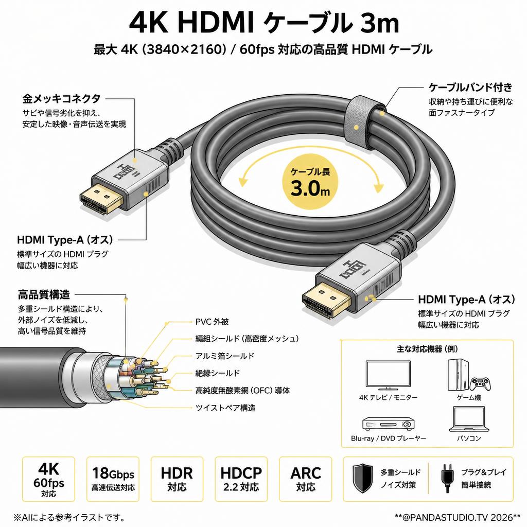 4k HDMI ケーブル 3m スペック