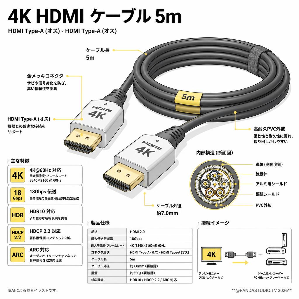4k HDMI ケーブル 5m スペック