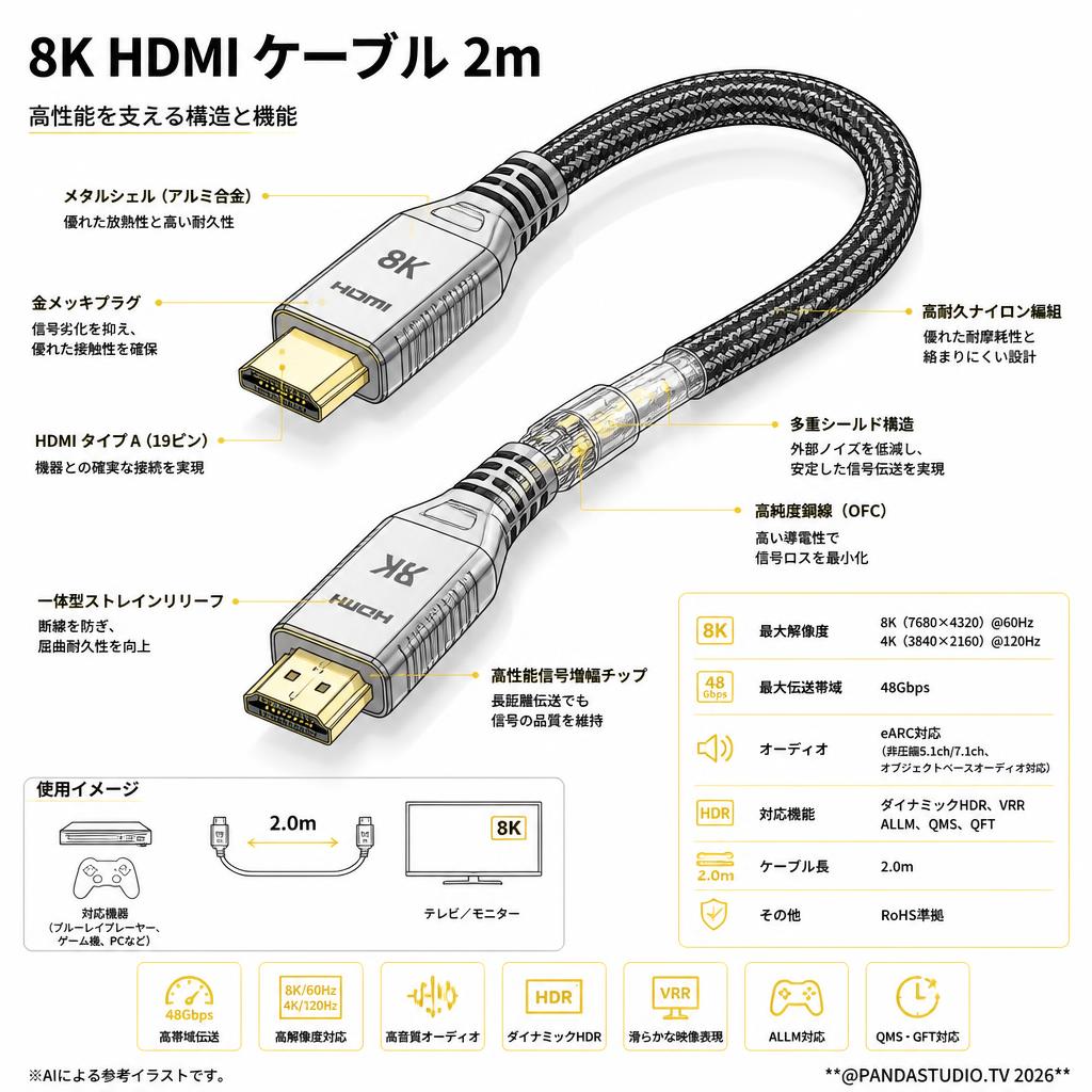 8K HDMI ケーブル 2m スペック