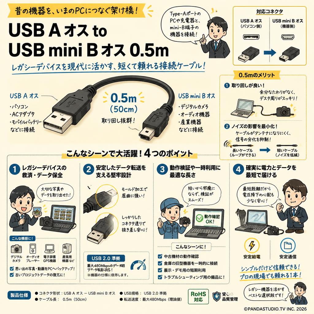 USB A オス to USB mini B オス 0.5m 概要