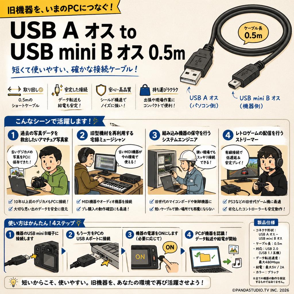 USB A オス to USB mini B オス 0.5m おもな対象のお客様