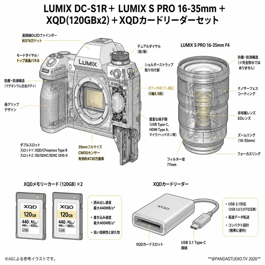 LUMIX DC-S1R＋ LUMIX S PRO 16-35mm ＋XQD(120GBx2)＋XQDカードリーダーセット スペック