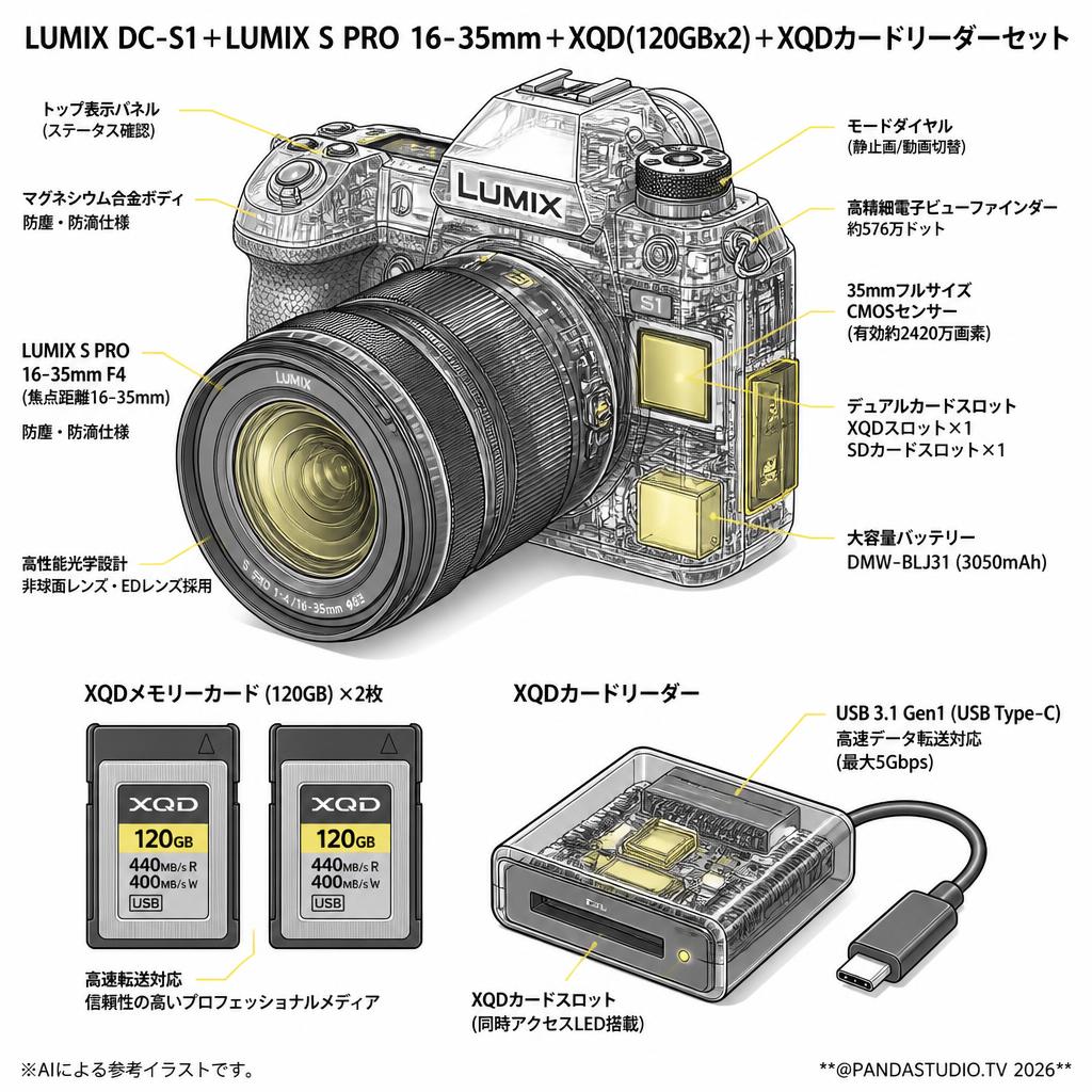 LUMIX DC-S1＋LUMIX S PRO 16-35mm＋XQD(120GBx2)＋XQDカードリーダーセット スペック