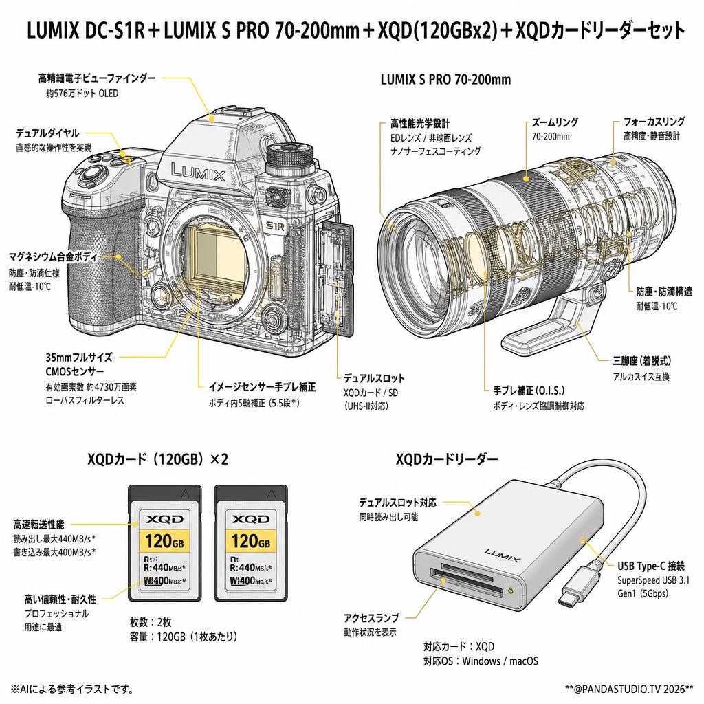 LUMIX DC-S1R＋ LUMIX S PRO 70-200mm ＋XQD(120GBx2)＋XQDカードリーダーセット スペック