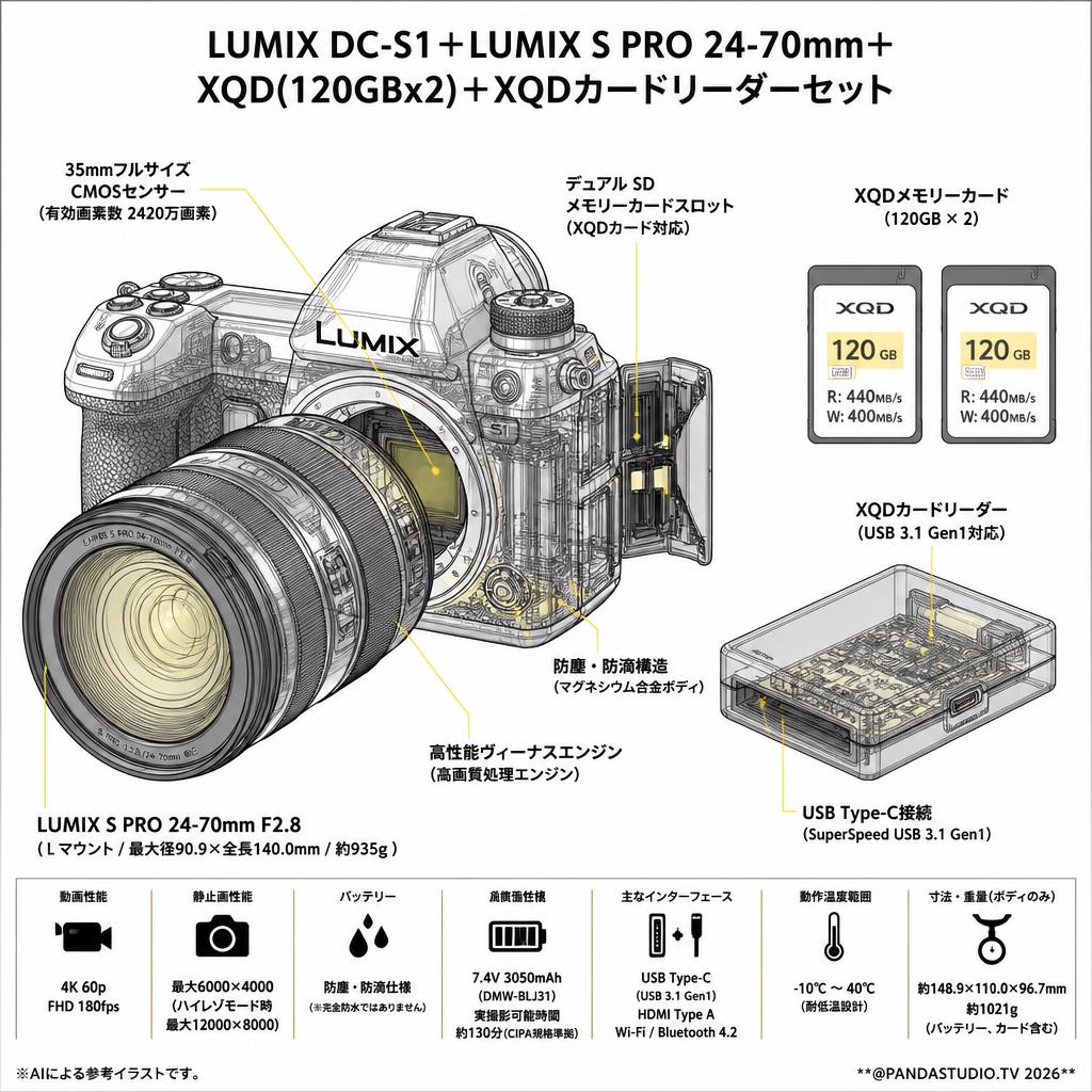 LUMIX DC-S1＋LUMIX S PRO 24-70mm＋XQD(120GBx2)＋XQDカードリーダーセット スペック