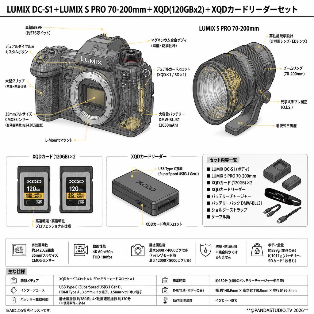 LUMIX DC-S1＋LUMIX S PRO 70-200mm＋XQD(120GBx2)＋XQDカードリーダーセット スペック