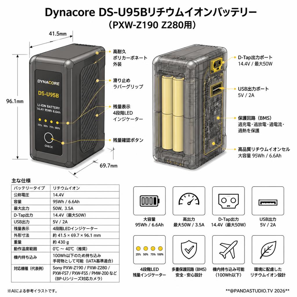 Dynacore DS-U95Bリチウムイオンバッテリー（PXW-Z190 Z280用) スペック