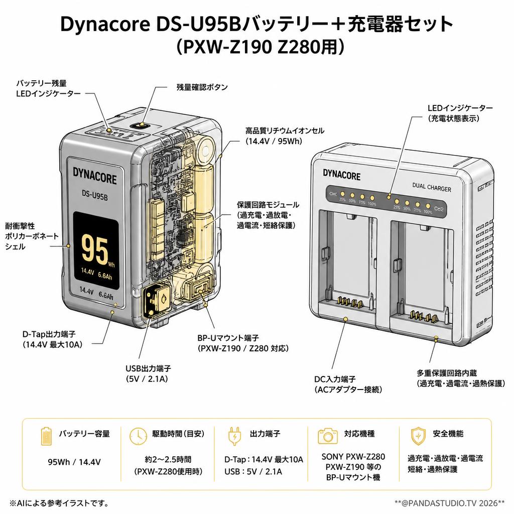 Dynacore DS-U95Bバッテリー＋充電器セット(PXW-Z190 Z280用) スペック