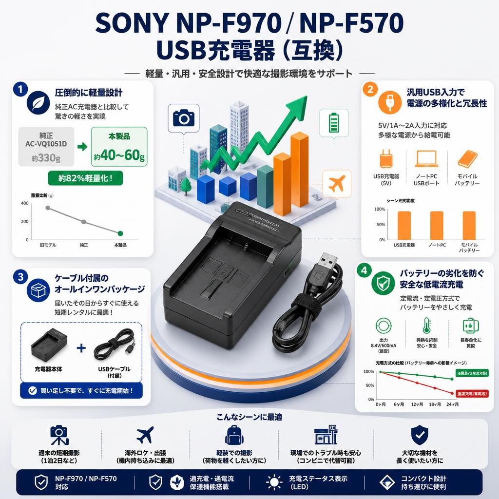 SONY NP-F970 NP-F570 usb充電器（互換） セールスポイント