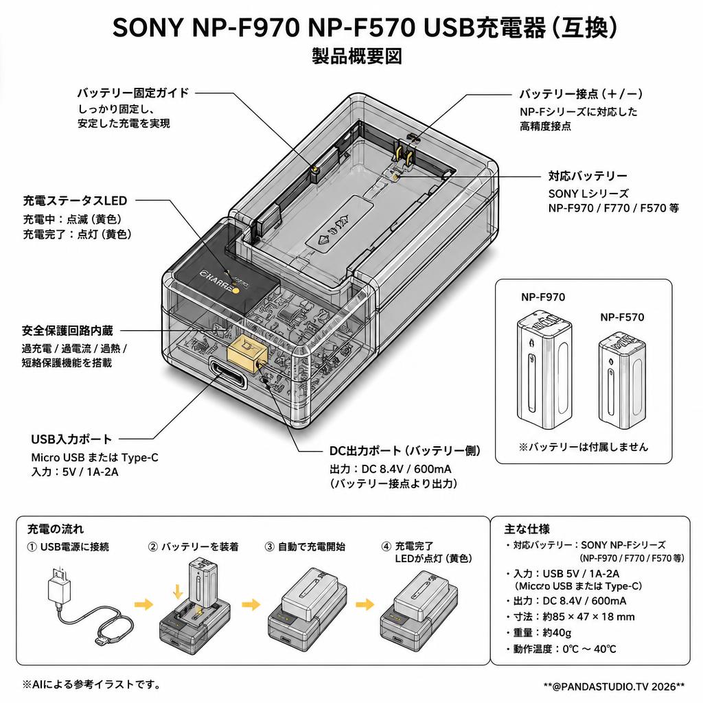 SONY NP-F970 NP-F570 usb充電器（互換） スペック