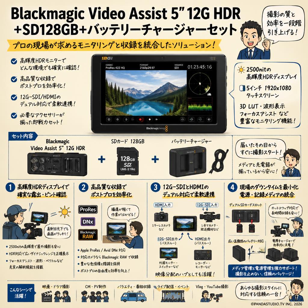 Blackmagic Video Assist 5 ” 12G HDR ＋SD128GB＋バッテリーチャージャーセット 概要