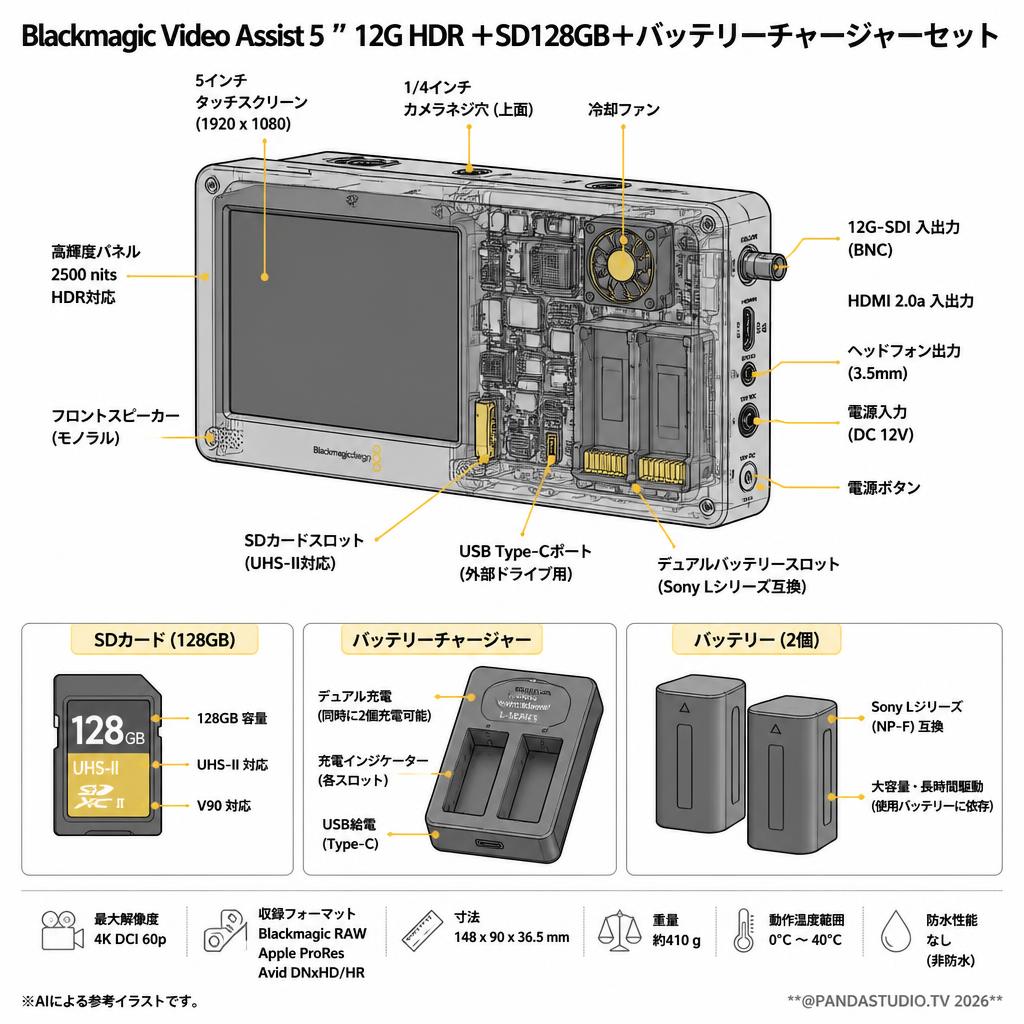 Blackmagic Video Assist 5 ” 12G HDR ＋SD128GB＋バッテリーチャージャーセット スペック