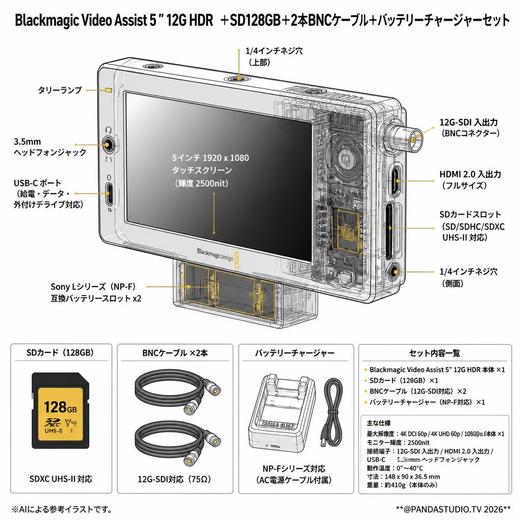 Blackmagic Video Assist 5 ” 12G HDR ＋SD128GB＋2本BNCケーブル＋バッテリーチャージャーセット スペック