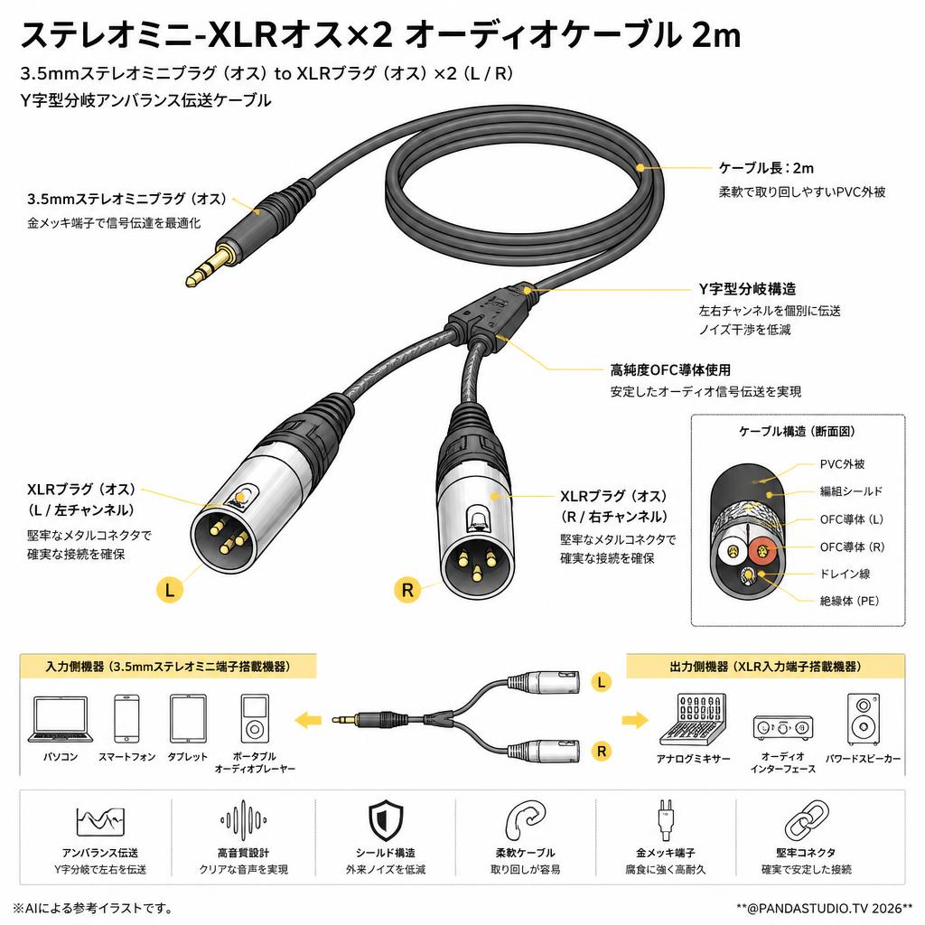 ステレオミニ-XLRオス×2 オーディオケーブル 2m スペック