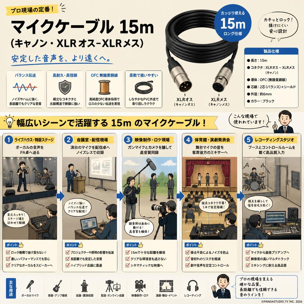 マイクケーブル 15m（キャノン・XLRオス-XLRメス） 用途