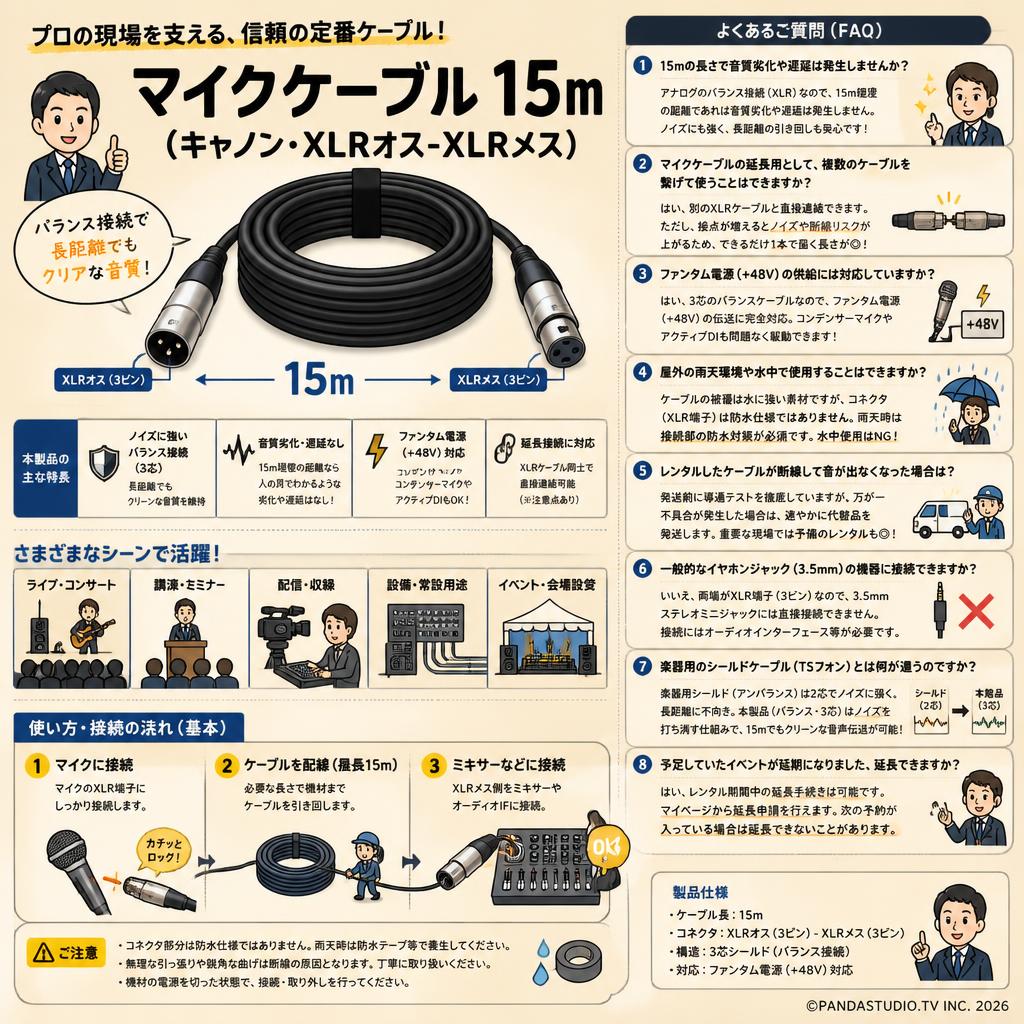 マイクケーブル 15m（キャノン・XLRオス-XLRメス） FAQ（よくある質問と答え）