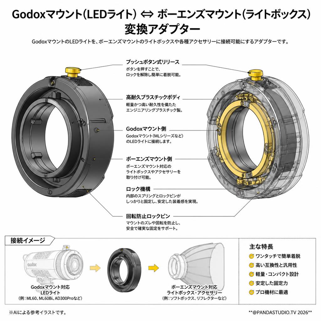 Godoxマウント(LEDライト) ⇔ ボーエンズマウント(ライトボックス) 変換アダプター スペック