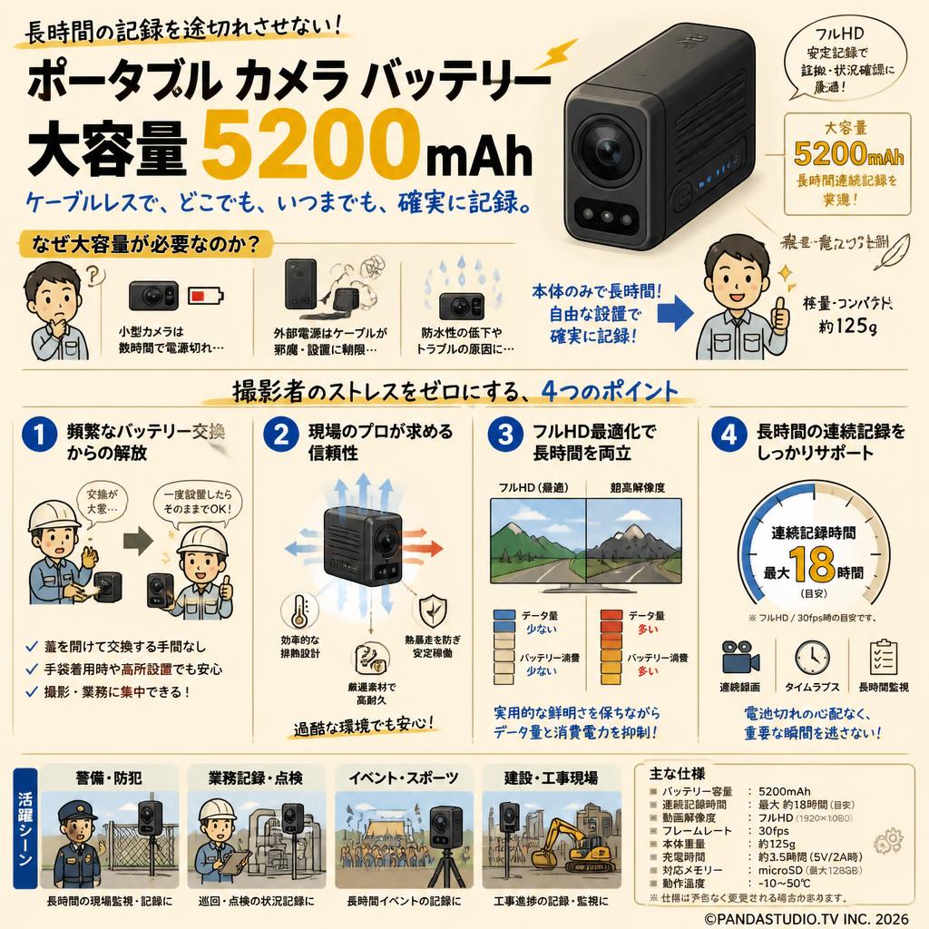ポータブル カメラ バッテリー大容量 5200mah 概要
