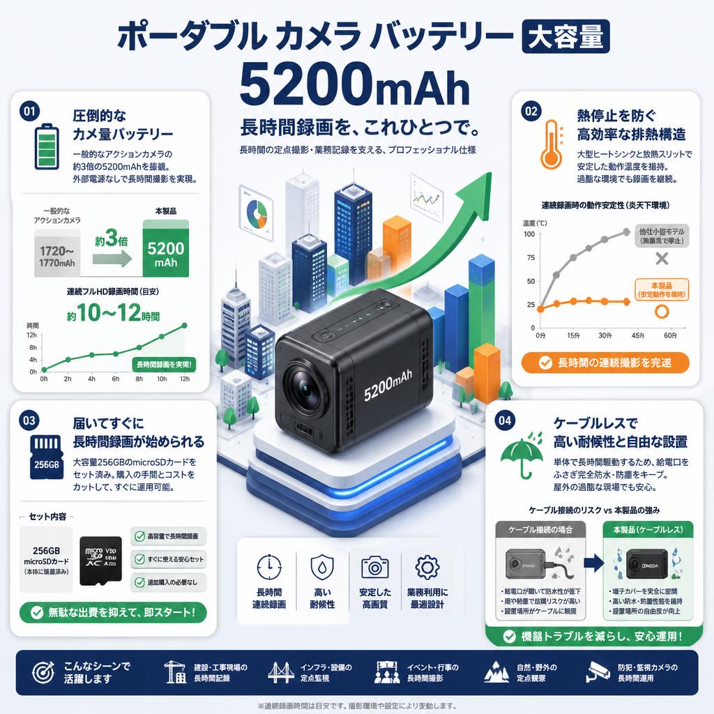 ポータブル カメラ バッテリー大容量 5200mah セールスポイント