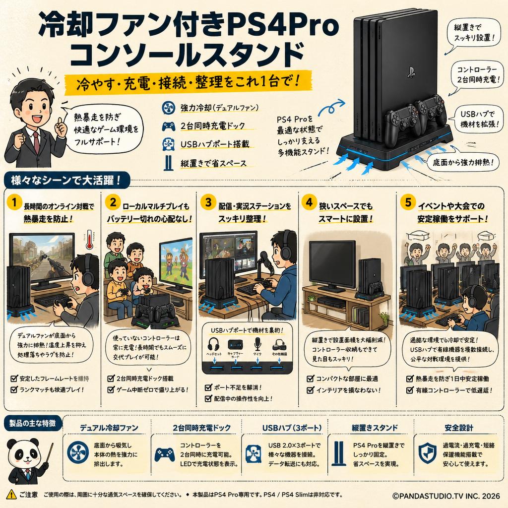 冷却ファン付きPS4Proコンソールスタンド 用途
