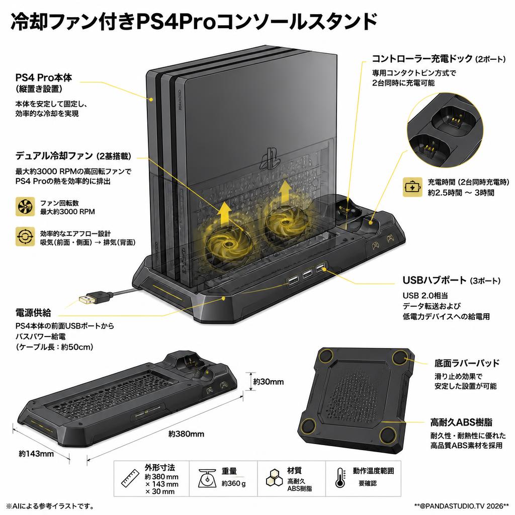 冷却ファン付きPS4Proコンソールスタンド スペック