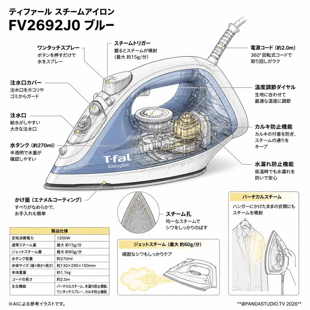ティファール スチームアイロンFV2692J0 ブルー スペック