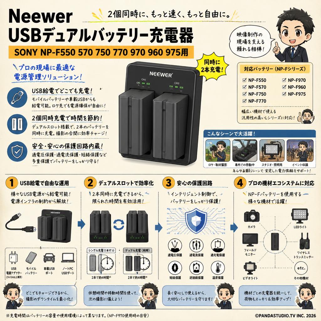 Neewer USBデュアルバッテリー充電器 SONY NP-F550 570 750 770 970 960 975用 概要