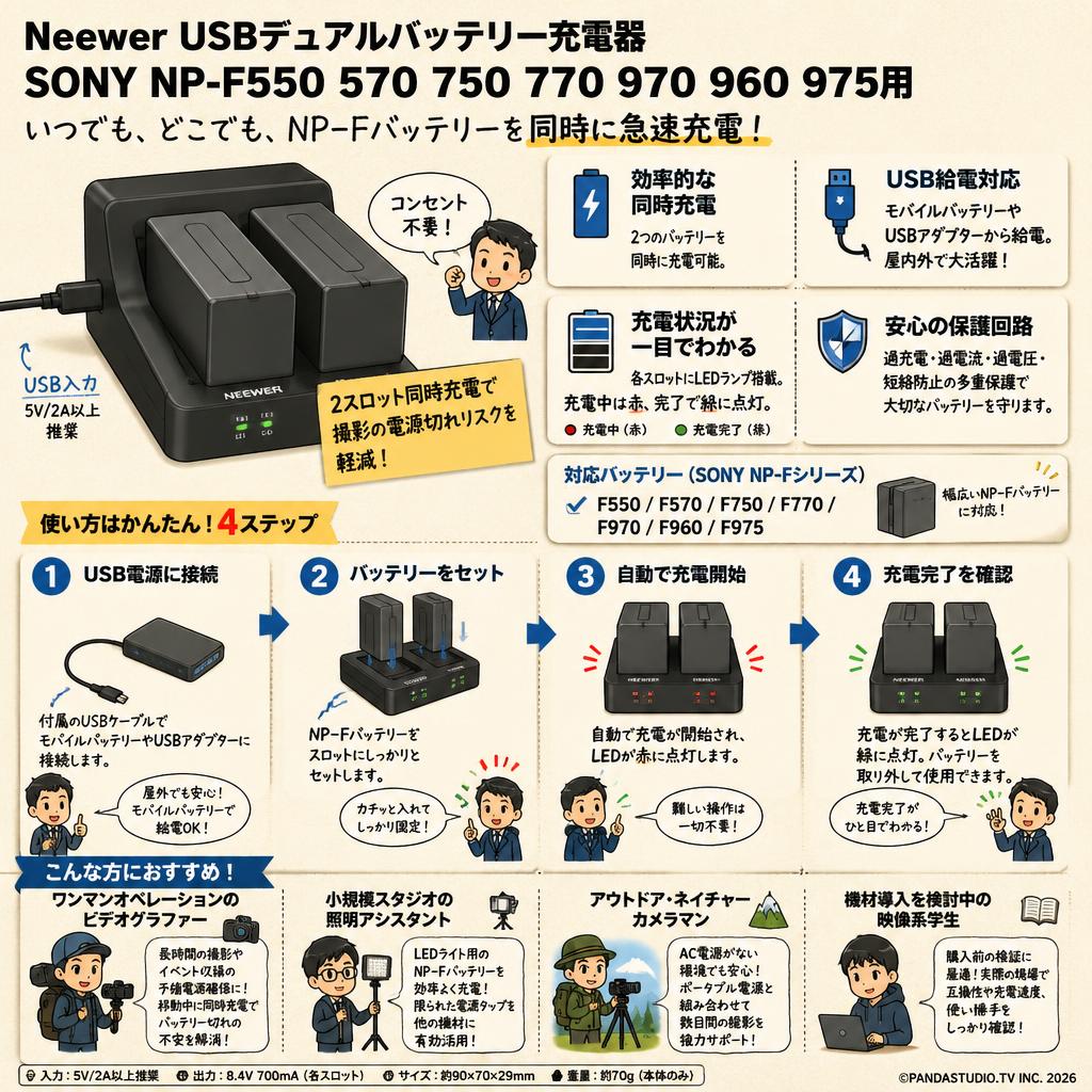 Neewer USBデュアルバッテリー充電器 SONY NP-F550 570 750 770 970 960 975用 おもな対象のお客様