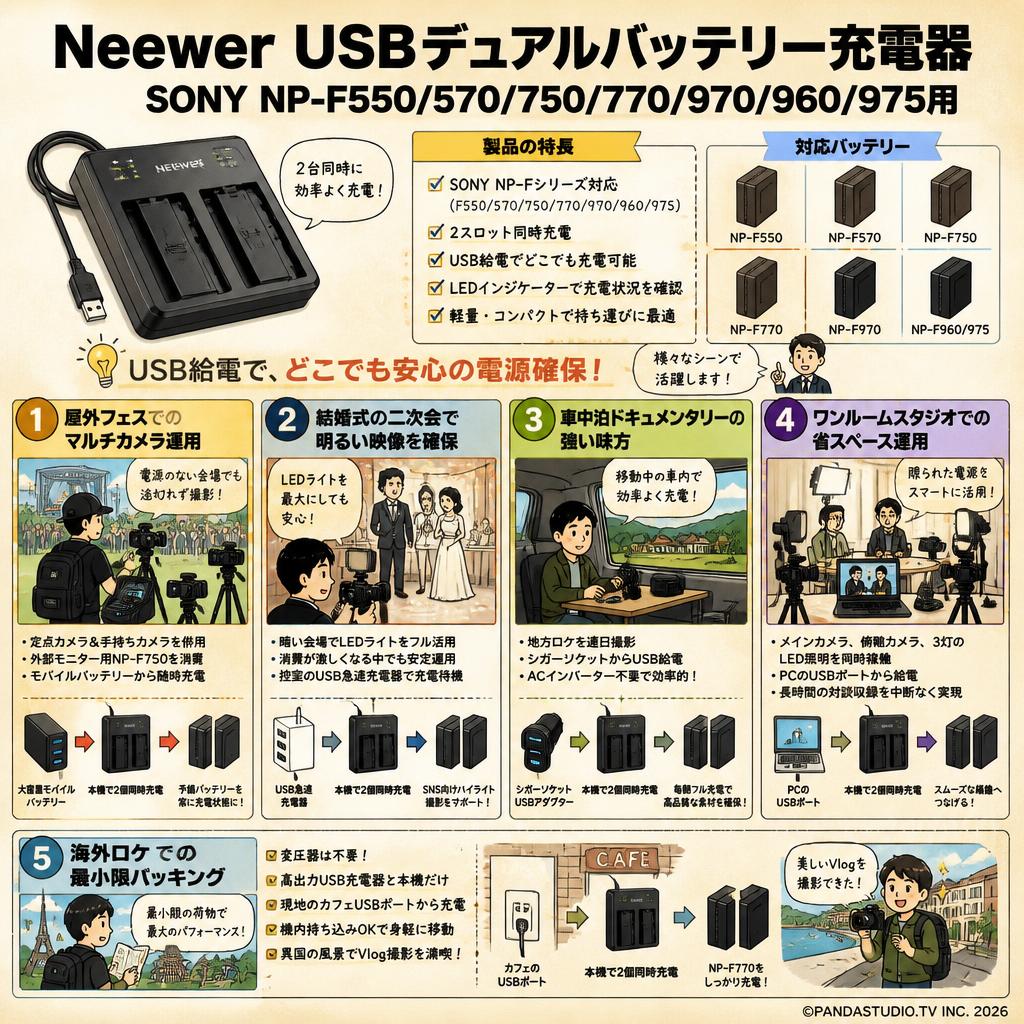 Neewer USBデュアルバッテリー充電器 SONY NP-F550 570 750 770 970 960 975用 用途