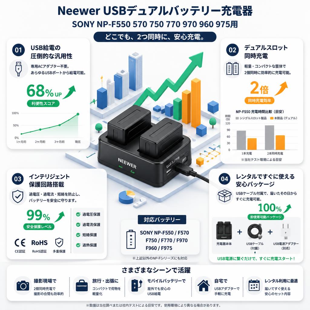 Neewer USBデュアルバッテリー充電器 SONY NP-F550 570 750 770 970 960 975用 セールスポイント