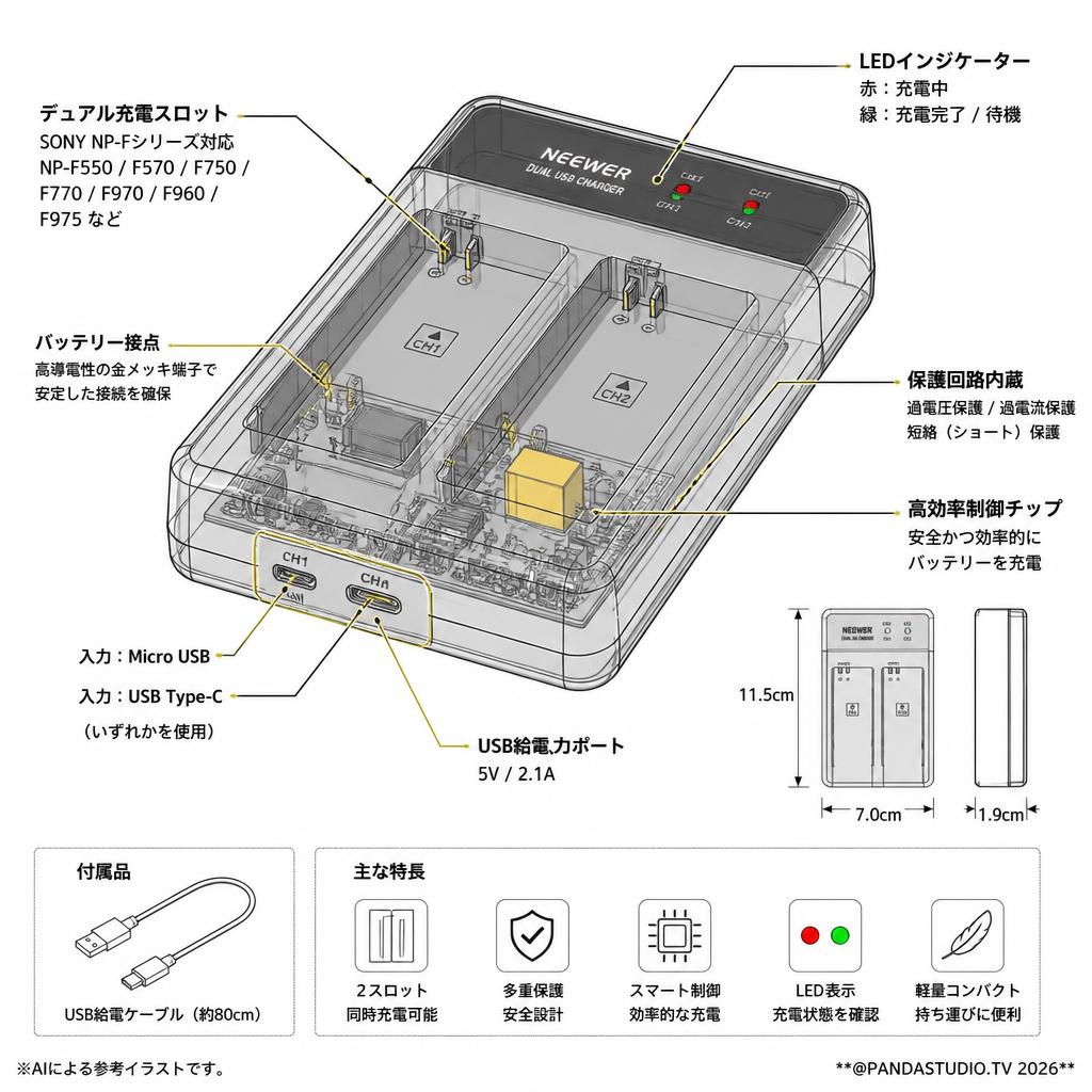 Neewer USBデュアルバッテリー充電器 SONY NP-F550 570 750 770 970 960 975用 スペック